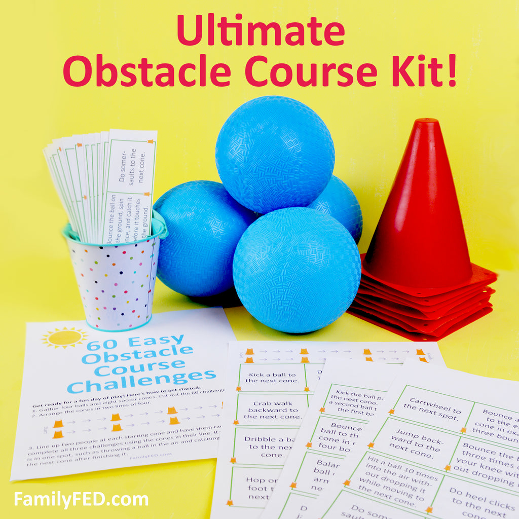 The Ultimate Obstacle Course Kit—4 Balls, 8 Cones, and 60 Printable Obstacle Course Challenges