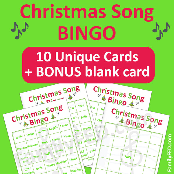 Christmas Song Bingo! 10 printable cards plus a bonus blank board for personalization