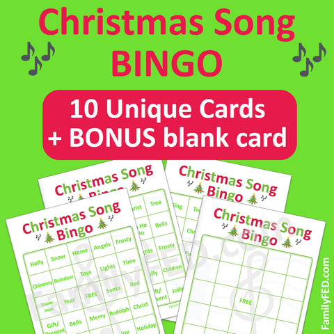 Christmas Song Bingo! 10 printable cards plus a bonus blank board for personalization