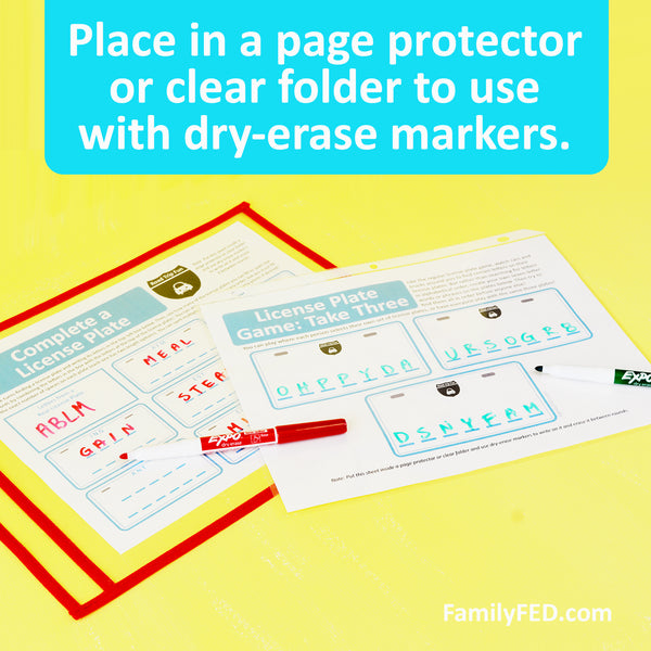 You can also bring along a clear folder or page protector for each person and some dry-erase markers (we use these) to keep the printouts reusable through the whole trip. 